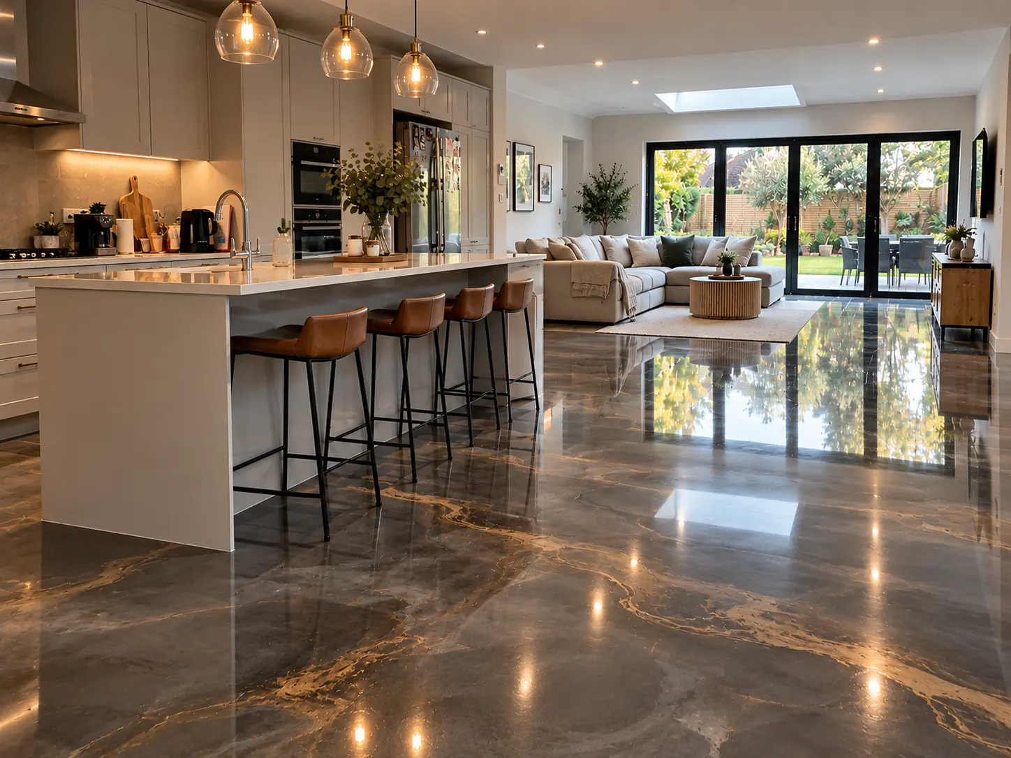 Gold-veined epoxy kitchen: Open-plan kitchen and living