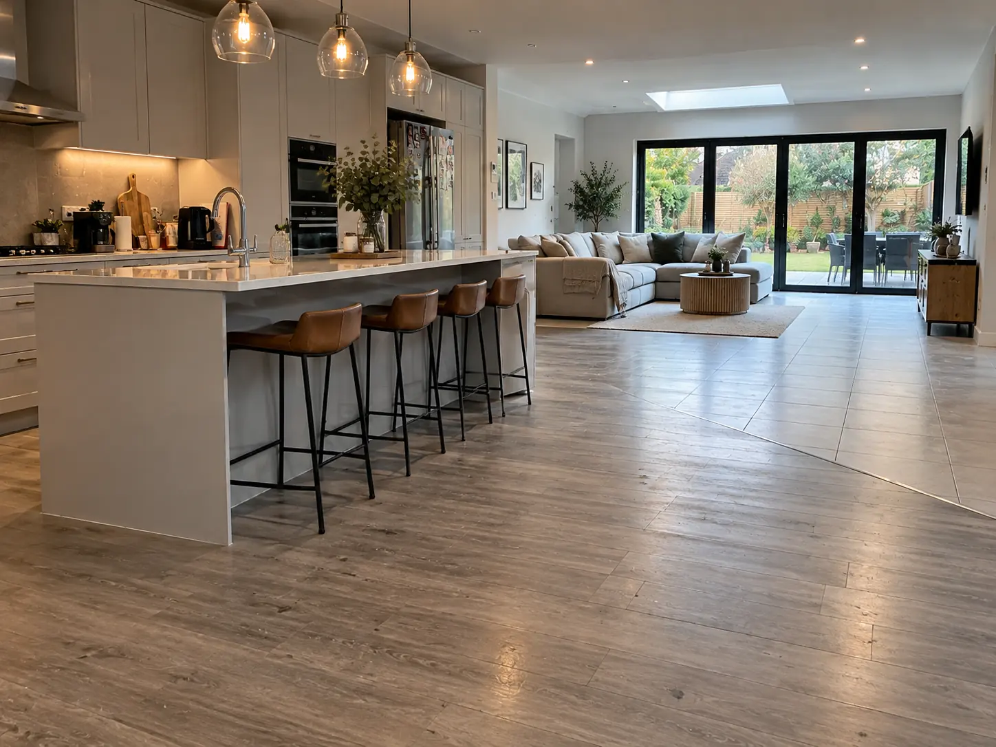 Open-plan kitchen with worn laminate flooring before resin