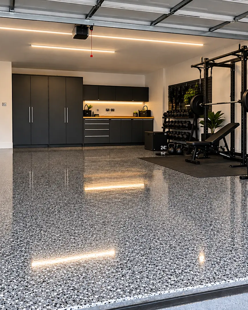 Garage home gym: Flake resin built for kit and weights