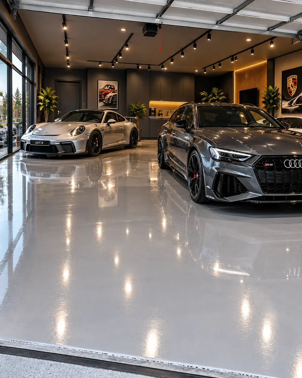 Car showroom resin floor: Glossy light grey for display