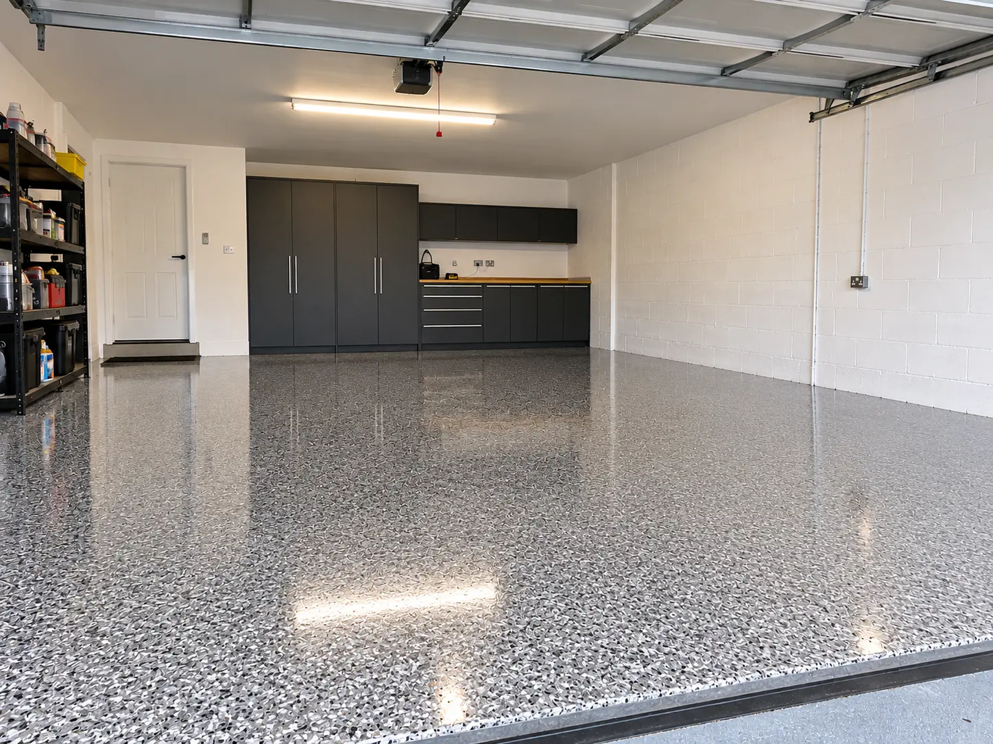 The same garage with a grey and black flake resin floor