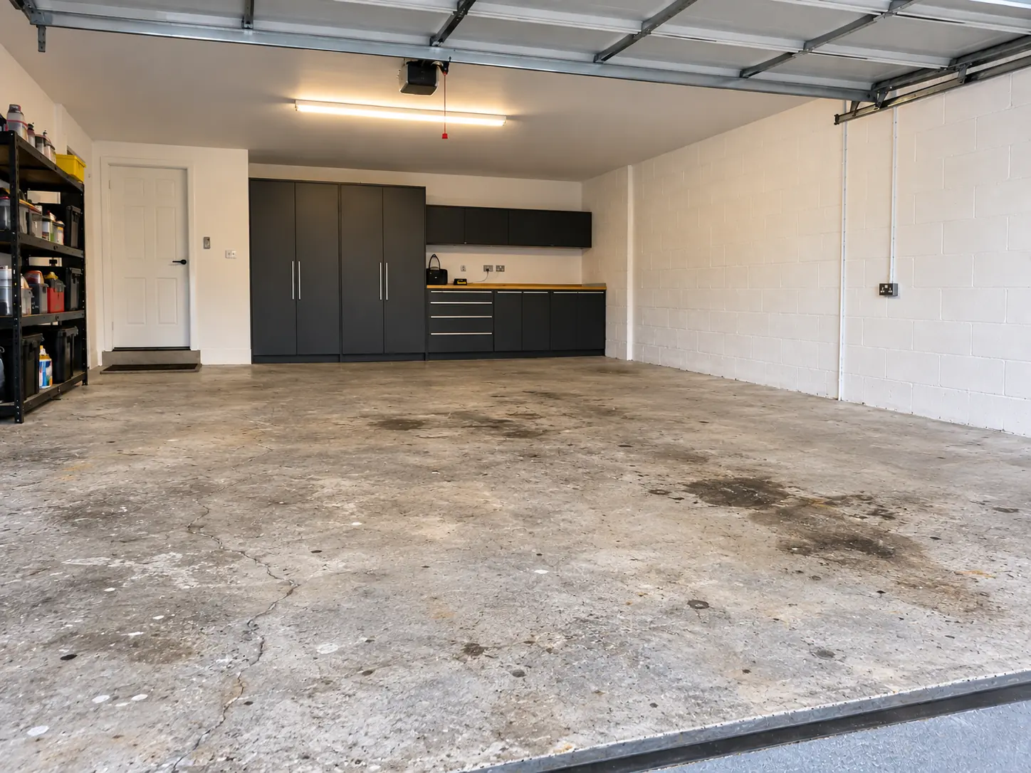 Worn concrete garage floor before flake resin