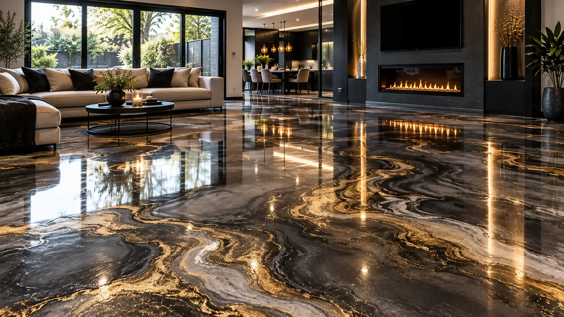 Metallic epoxy floor: Charcoal and gold, open-plan living