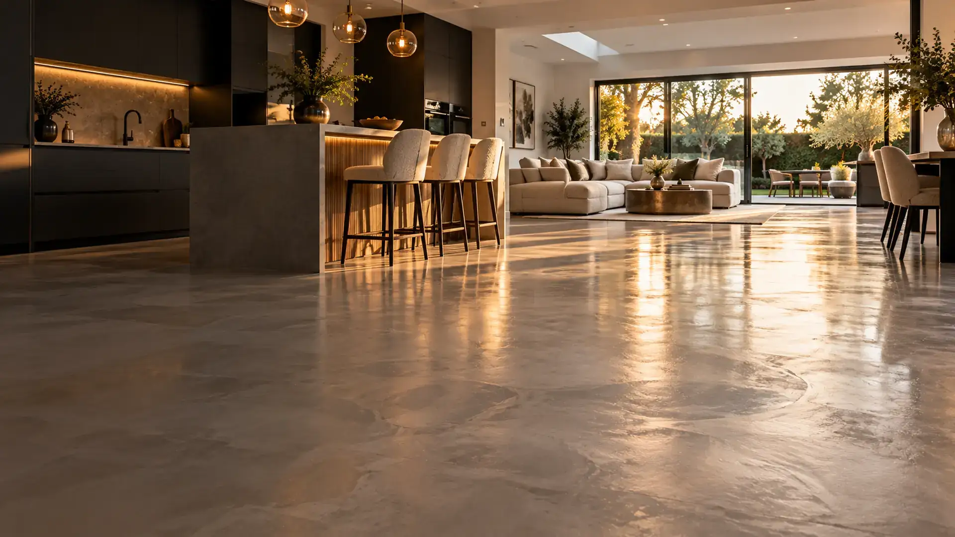 Microcement floor: Warm greige, kitchen and living space