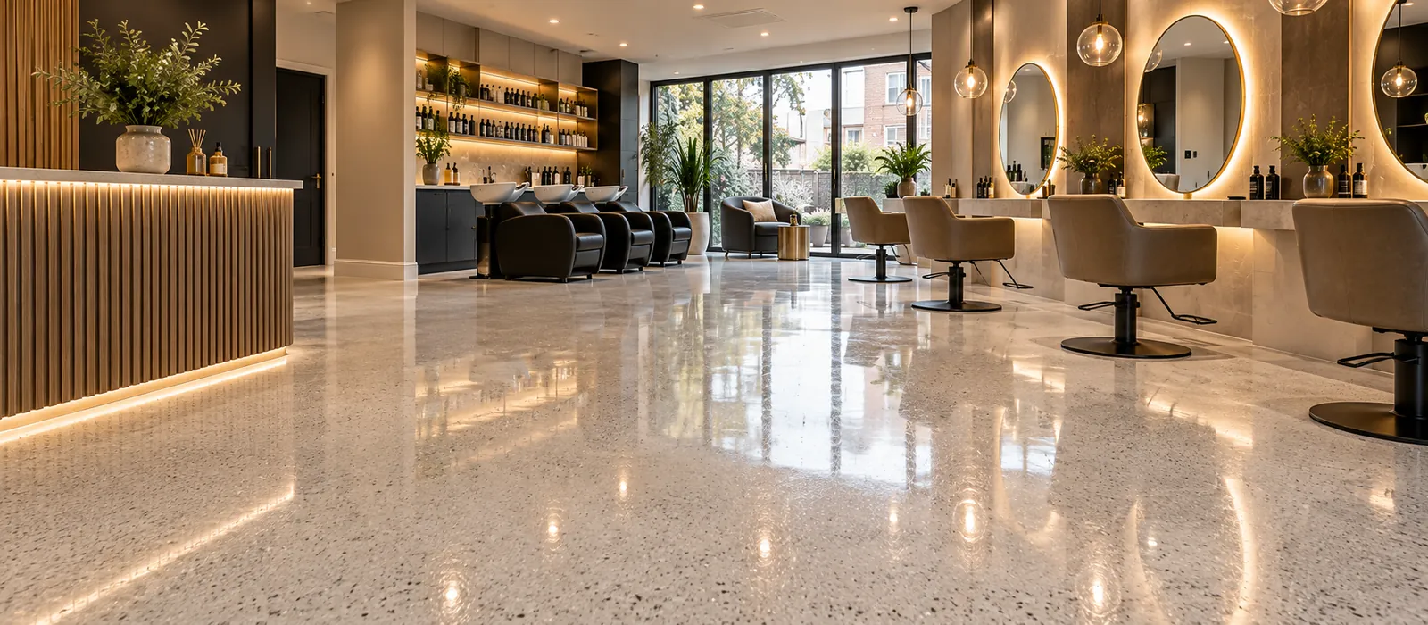 Commercial resin floor: Speckled finish for a salon