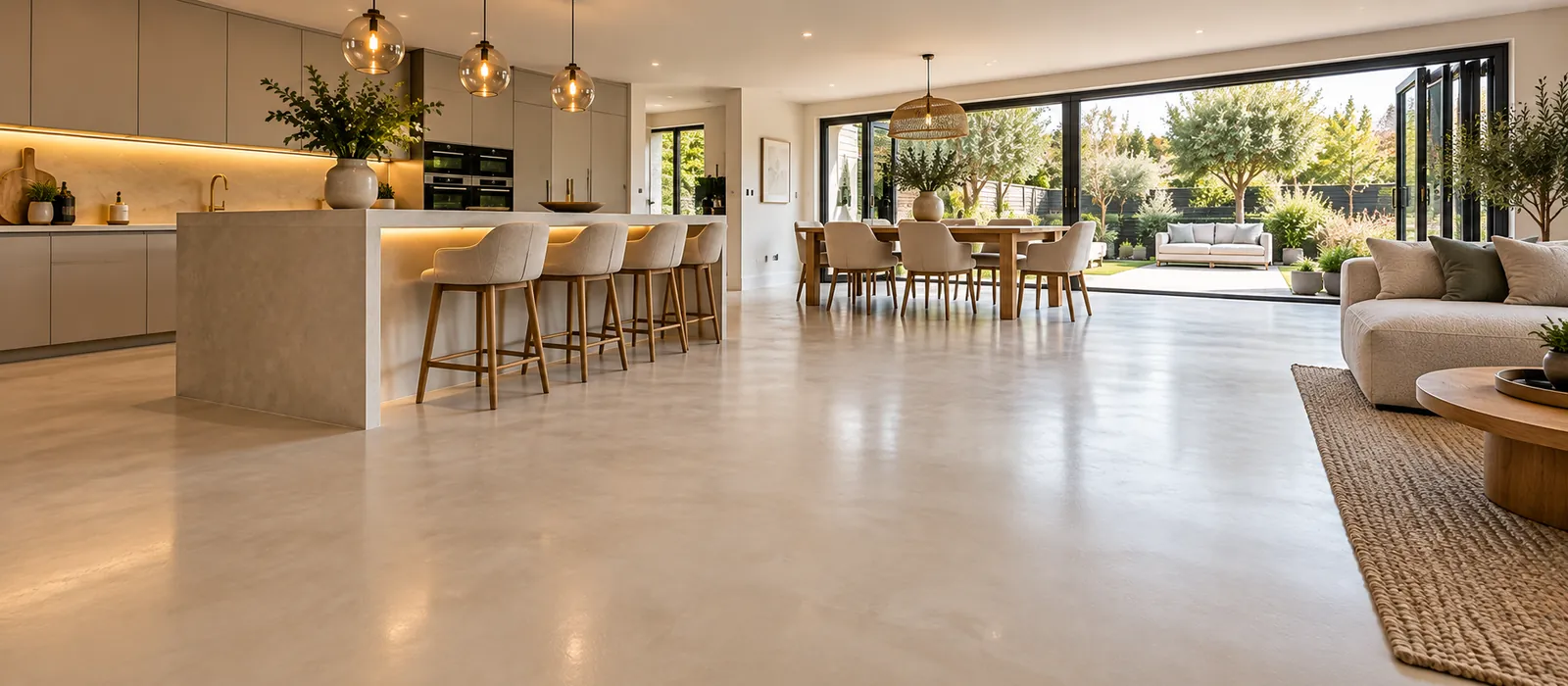 Microcement kitchen-diner: Light greige, garden room