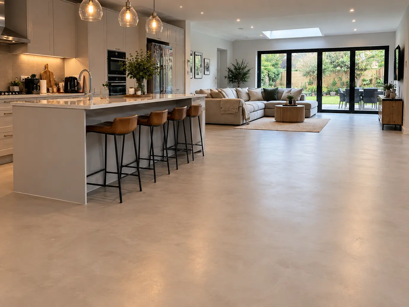 Microcement open-plan floor: Warm greige, kitchen to garden