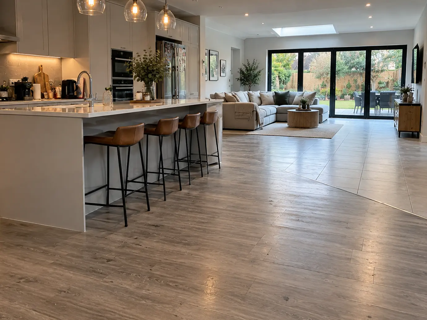 Open-plan kitchen with worn laminate flooring before microcement