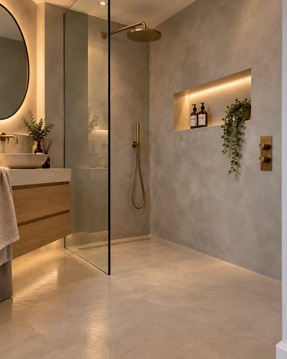 Microcement walk-in shower: Tile-free walls and floor