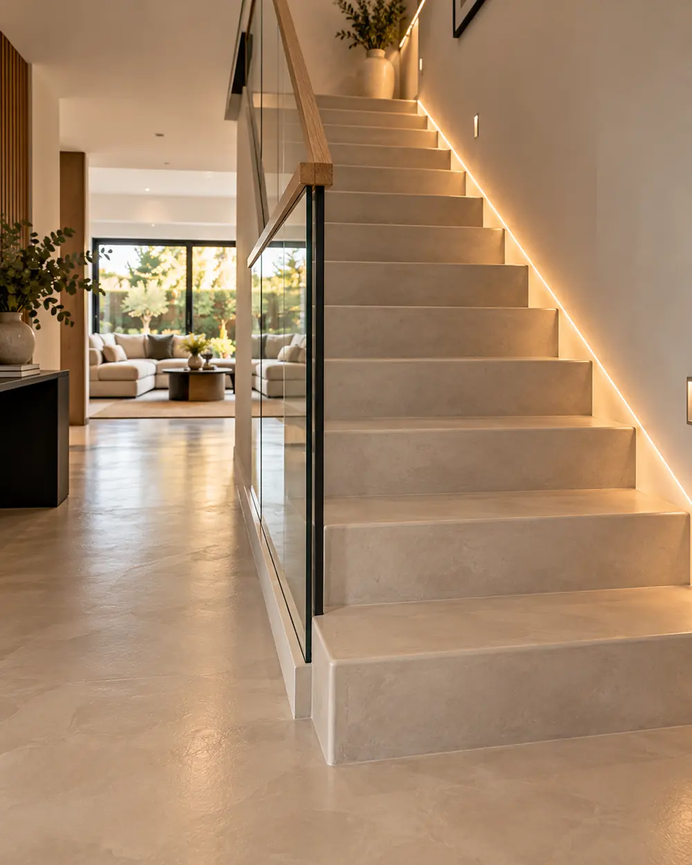 Microcement staircase: Treads and risers wrapped to match the floor