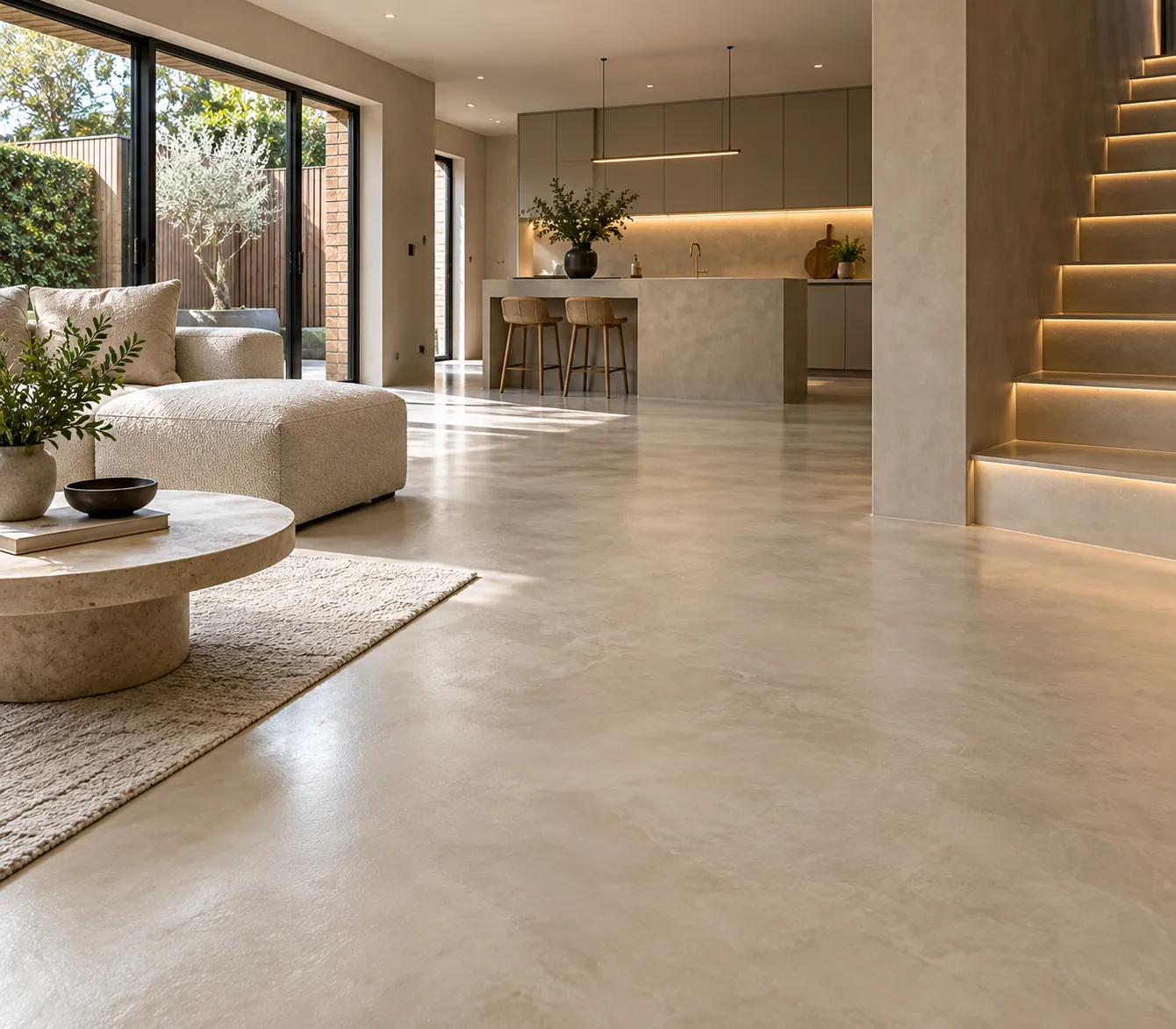 Microcement living space: Floor and stairs in one finish