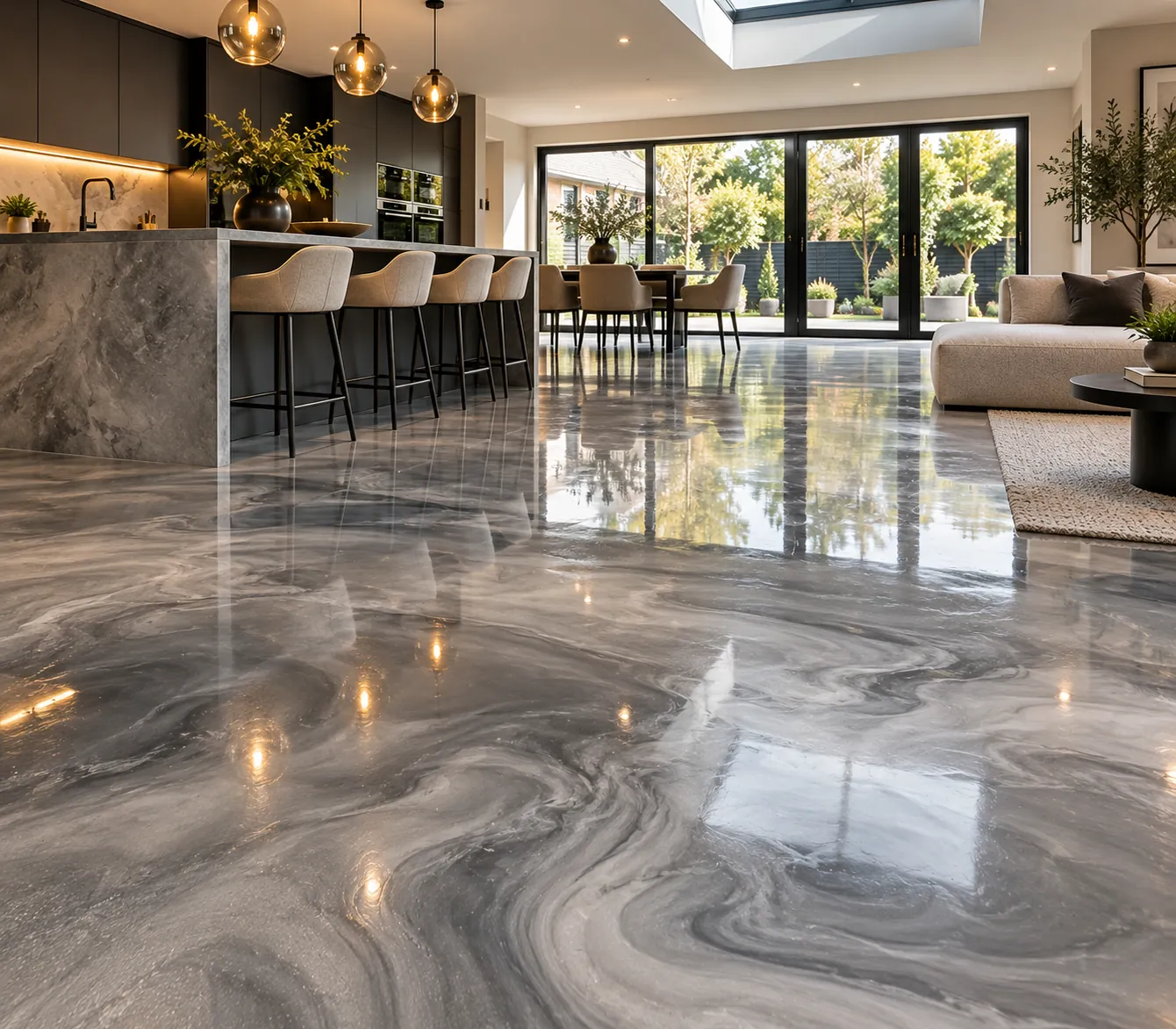 Grey metallic resin floor: Swirled finish, open-plan living