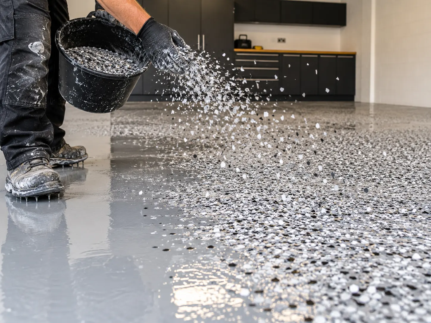 Flakes being broadcast onto a wet resin base coat