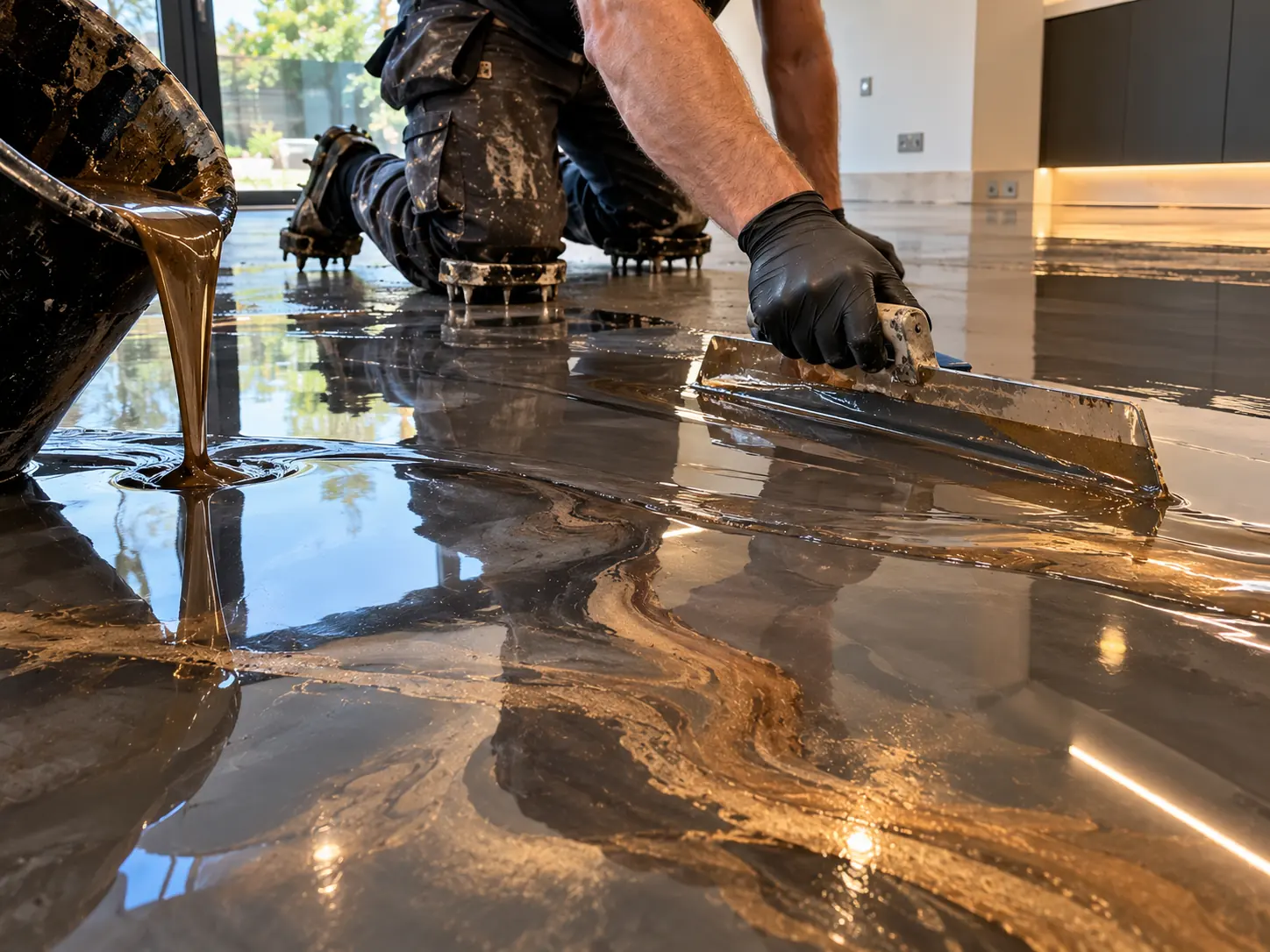 Resin being spread across a prepared floor