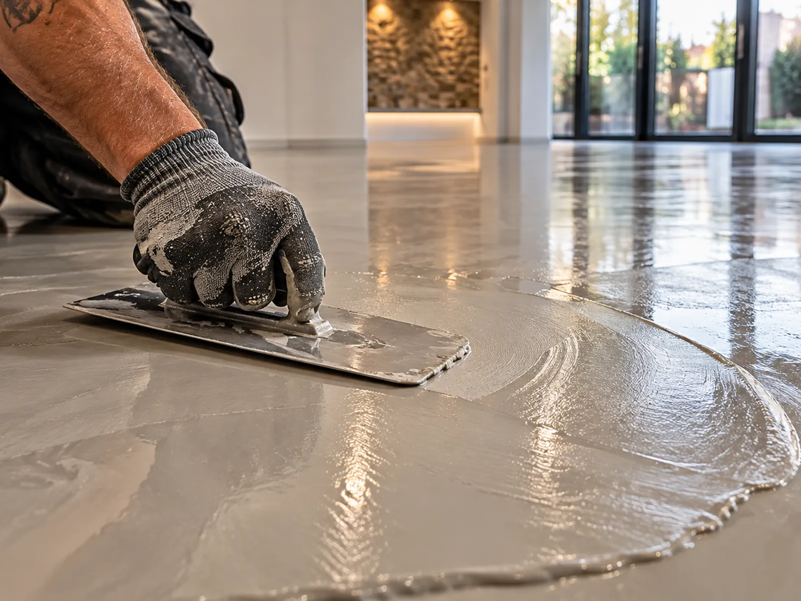 Microcement floor being hand-trowelled