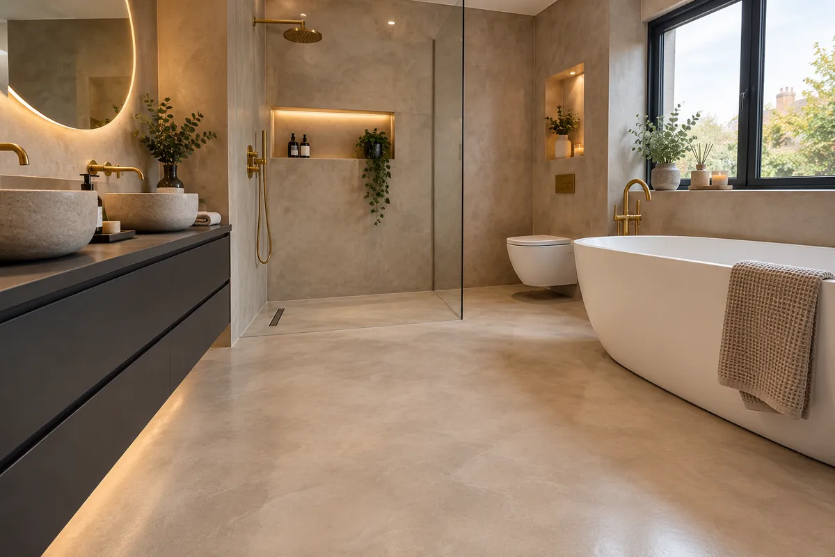 Microcement wet room: Floor, walls and walk-in shower