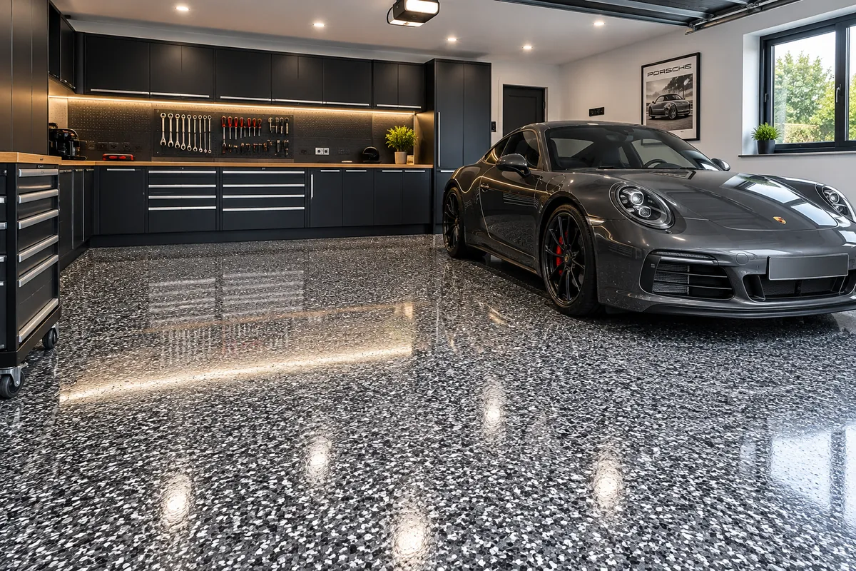 Resin flake garage floor: Grey and black flake blend