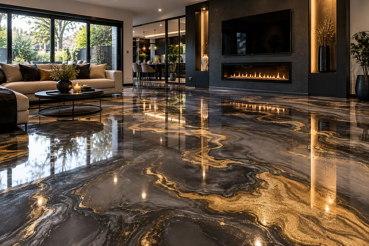 Metallic epoxy living room: Gold veining with a fireplace glow