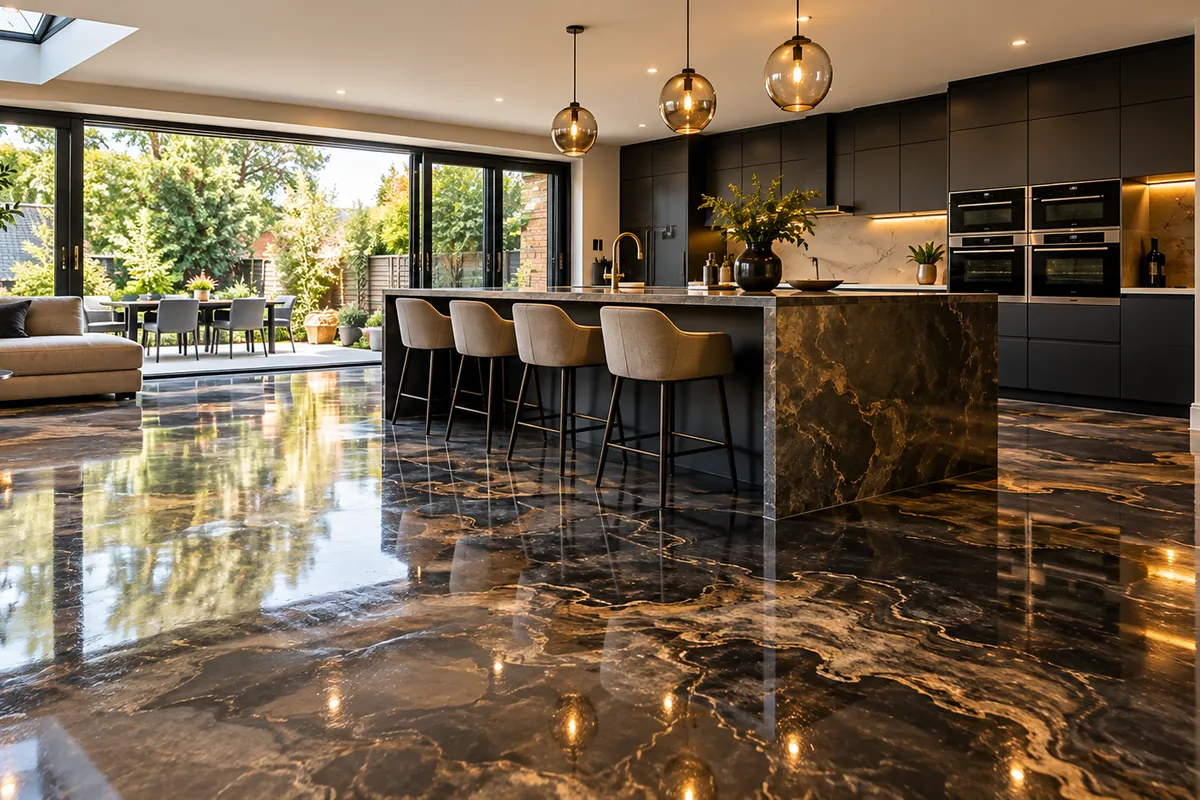 Metallic resin kitchen: Dark marble effect, open-plan kitchen