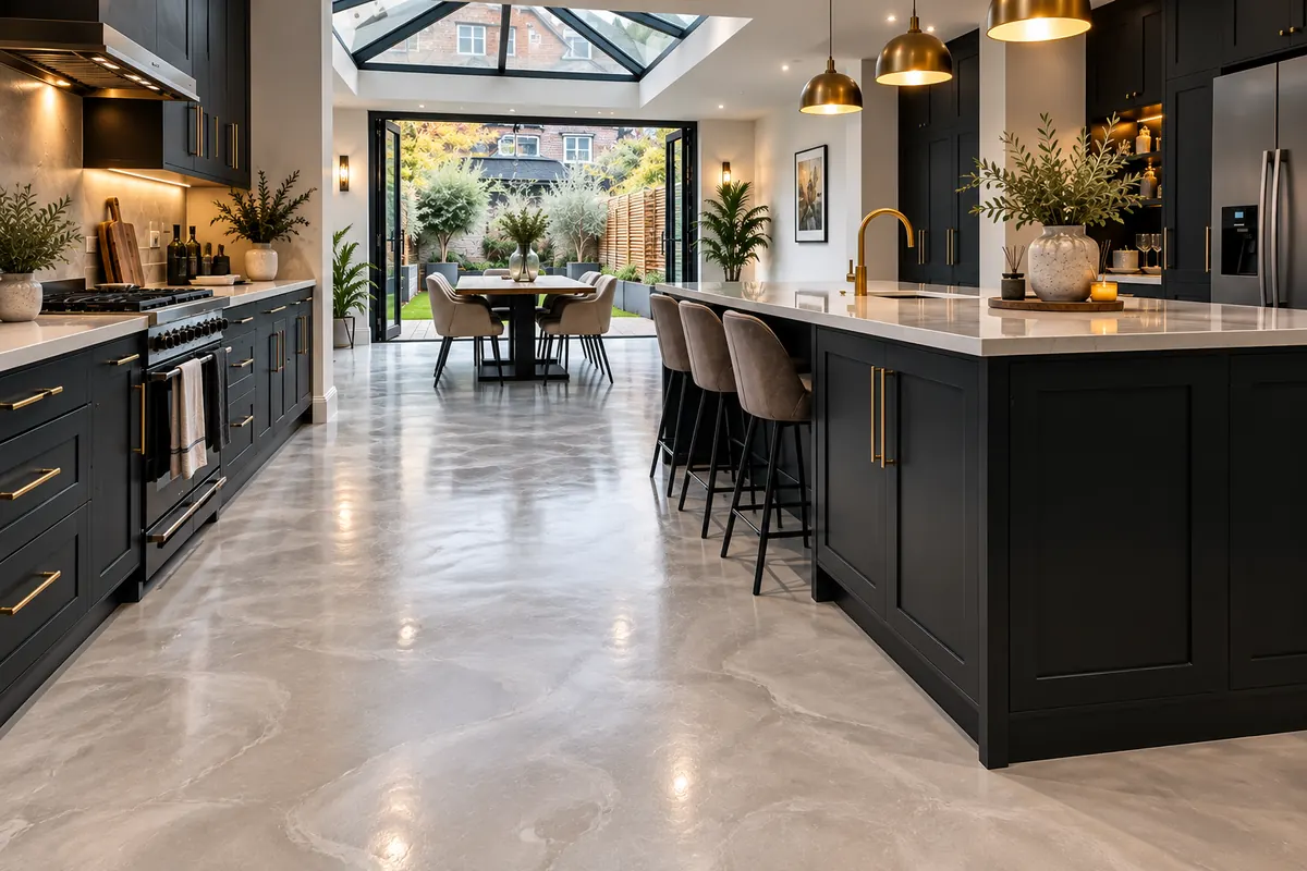 Resin kitchen floor: Marble-effect metallic, kitchen extension