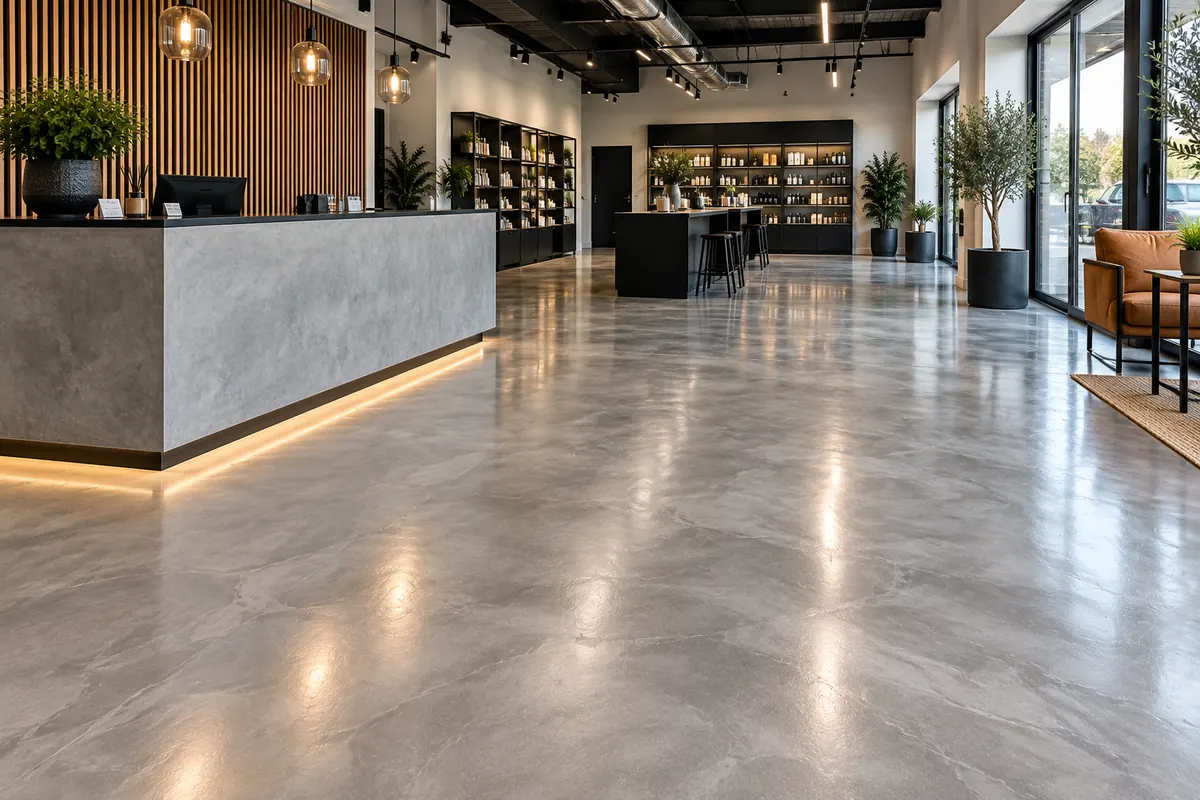 Showroom resin floor: Glossy solid grey for retail