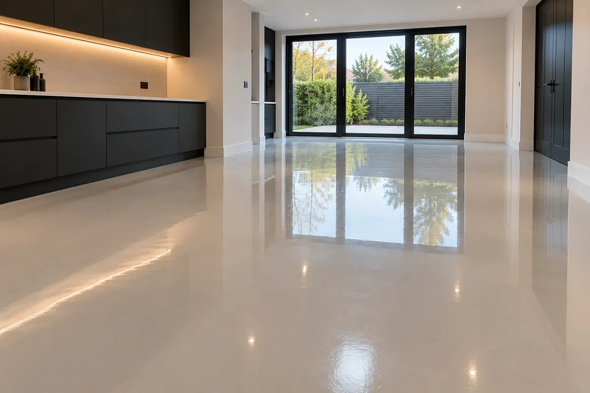 Solid colour resin floor: Clean, reflective minimal interior