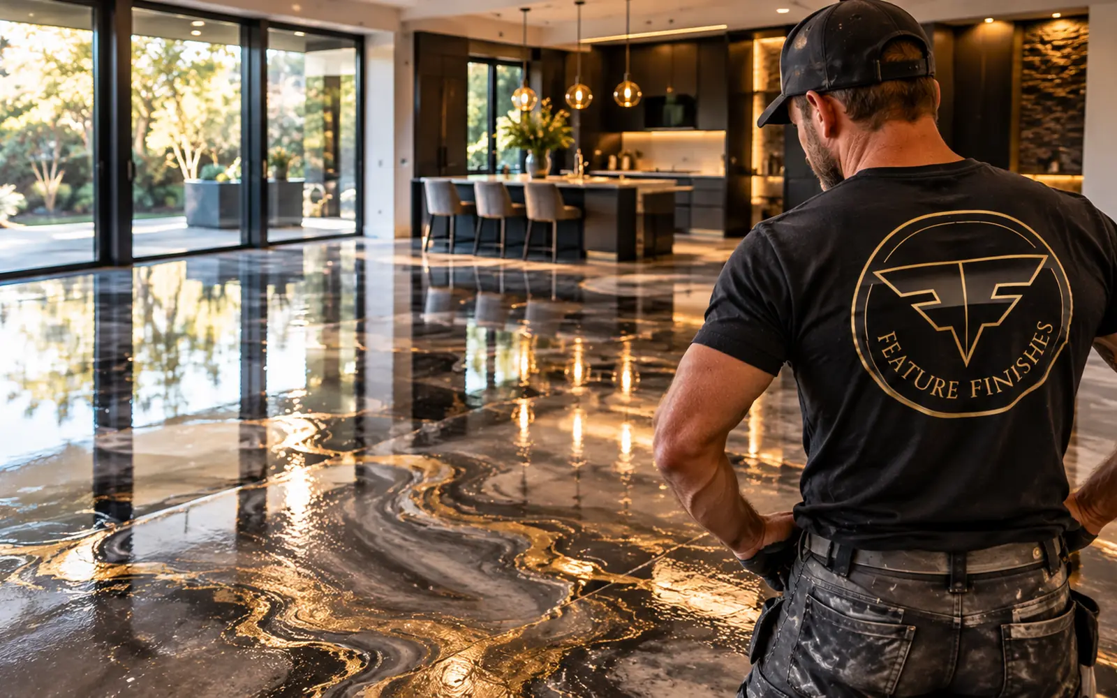 Feature Finishes installer inspecting a finished metallic epoxy floor