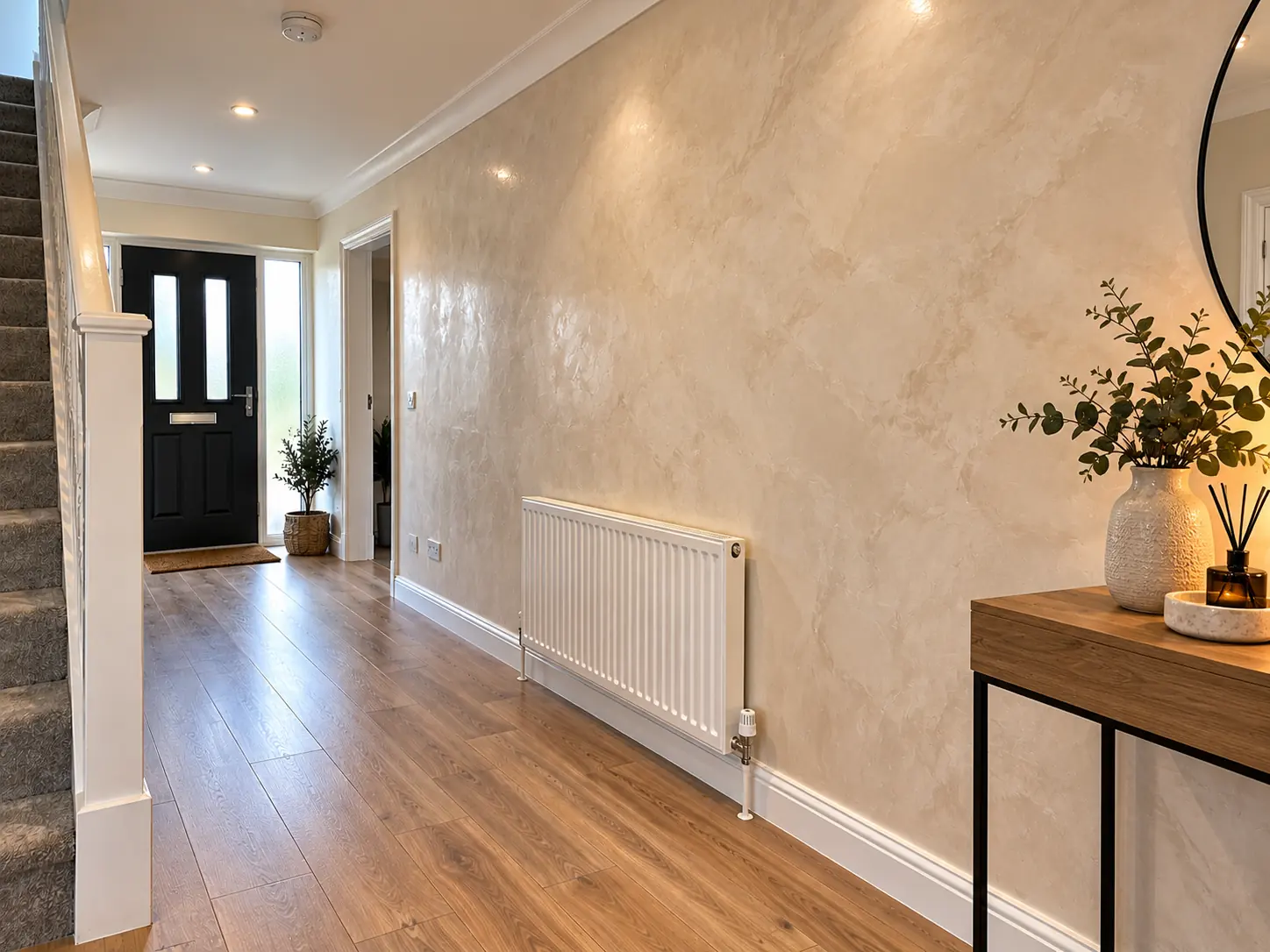 The same hallway with a polished Venetian plaster wall