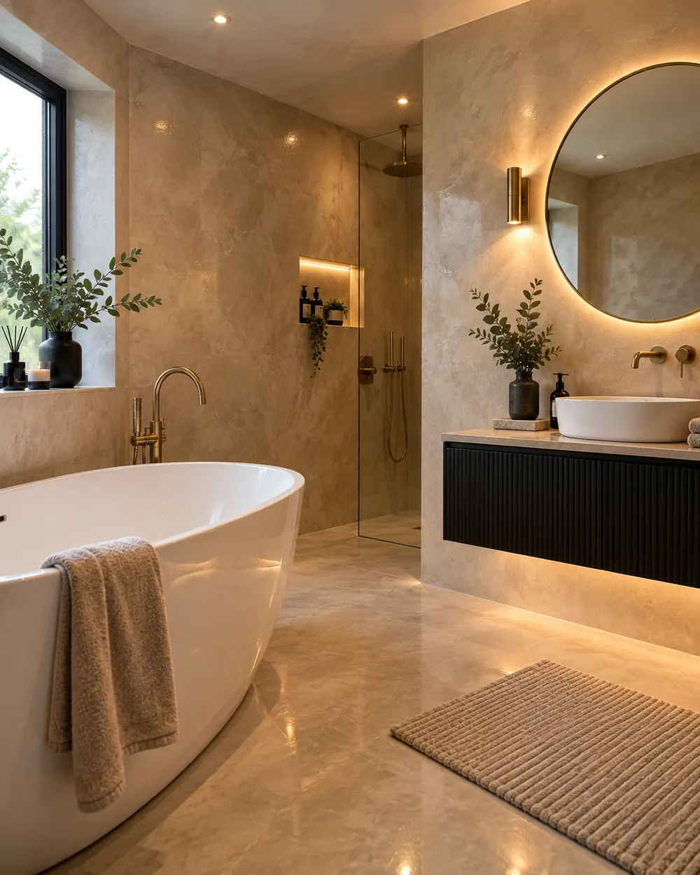 Venetian plaster bathroom: Warm polished plaster walls