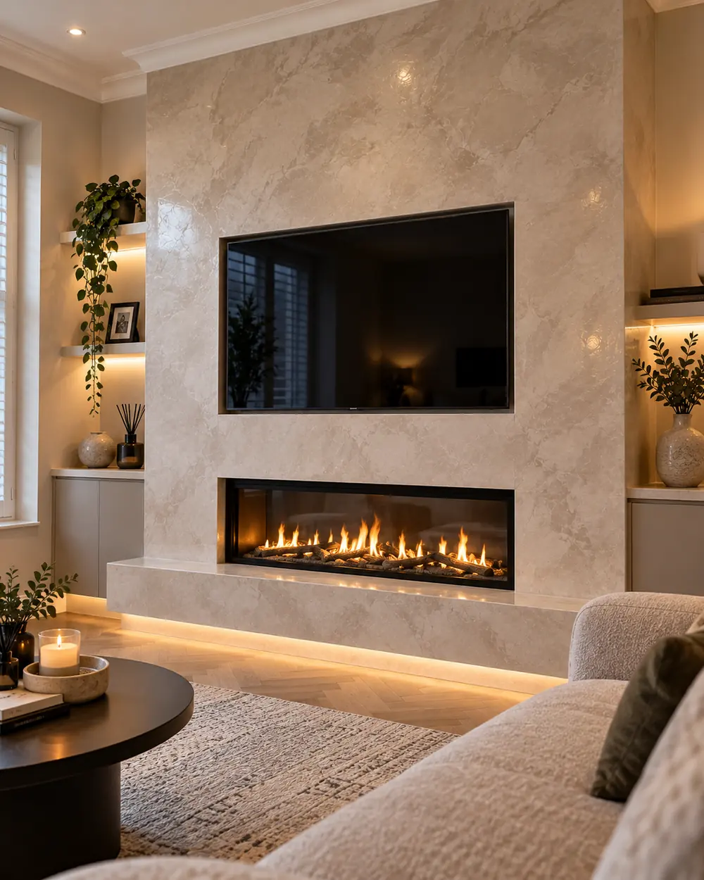 Venetian plaster chimney breast: Media wall with a stone-like finish