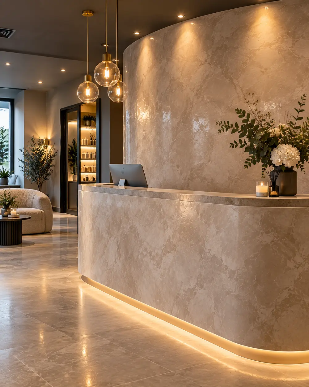 Venetian plaster reception: Curved feature wall for a spa