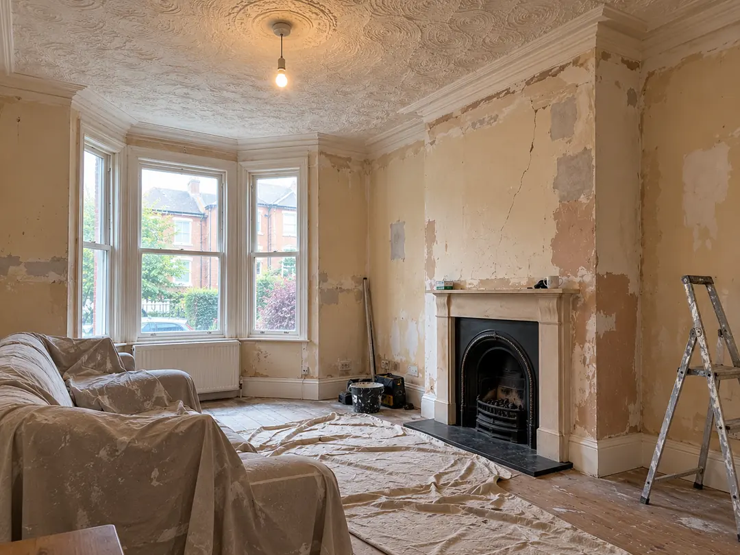 Customer photo of a lounge with damaged walls and an artex ceiling